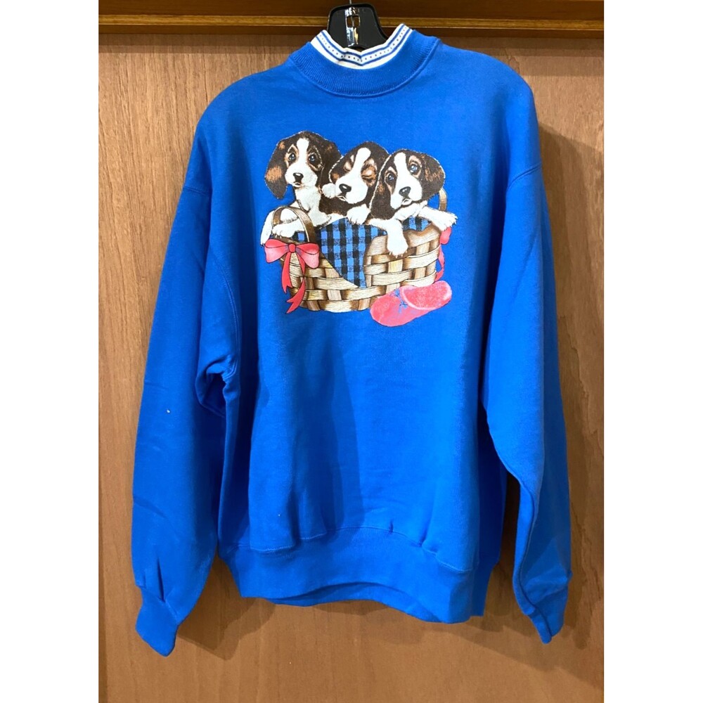 Vtg Blue Puppies Sweatshirt Fleece Lined Women XL Beagles Dogs Basket USA MADE